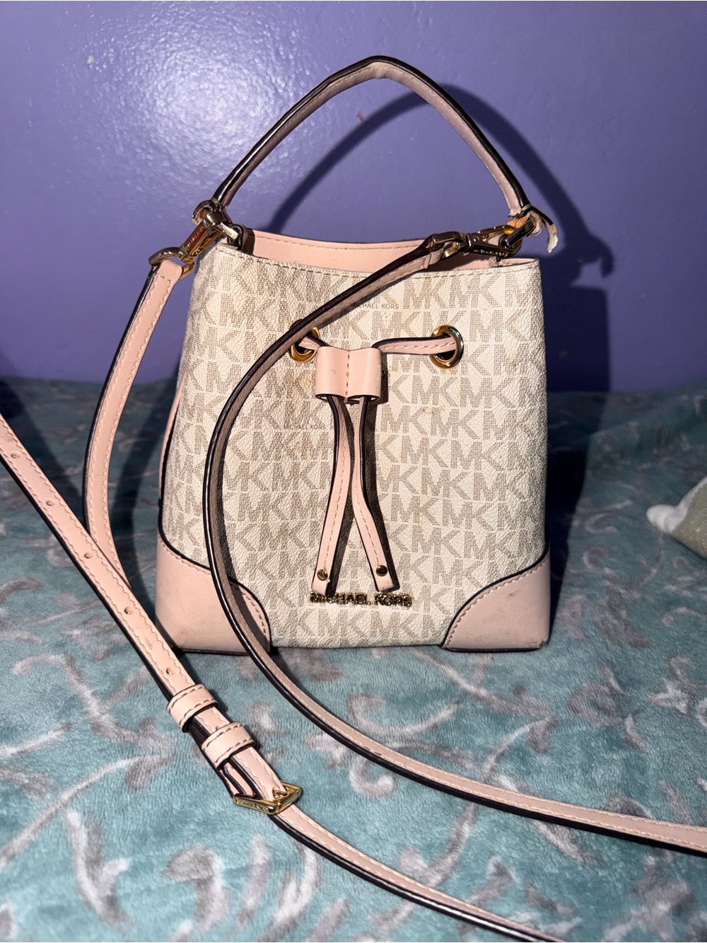 Michael Kors Pink and Vanilla Logo Drawstring Small Bucket Bag